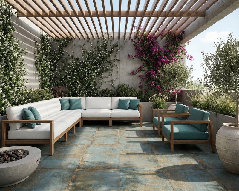 Suelo porcelánico Coral Aqua en terraza exterior